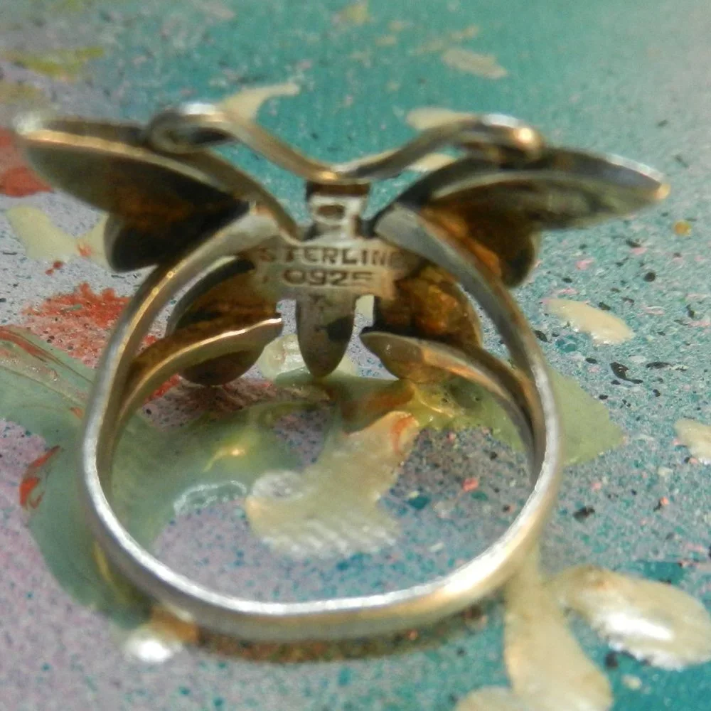 VTG Sterling silver butterfly ring Navajo artisan turquoise garnet nature sz 11